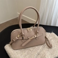 Damen Handtasche Beige aus Leder mit goldenen Schnallen und Doppelreißverschluss - Khaki