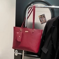 Dark red textured leather tote bag with matching pouch and gold metal hardware plaque - Red