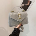 Elegant grey woven textured handbag with stylish wide striped shoulder strap - Silver