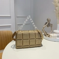 Gold sequin quilted small square bag with transparent chain handle and sparkling finish - Gold