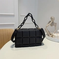 Quilted square crossbody bag in black matte finish with chunky chain handle and gold hardware - Black