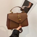 Vintage brown shoulder bag with crocodile texture and black and white striped woven strap - Brown