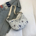 White crescent crossbody bag with blue bear prints and adjustable canvas strap - Blue Stripe Bear (Style 2)