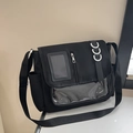 Minimalist black ita bag with transparent PVC window and adjustable strap for students - Black