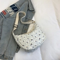 White floral crescent shoulder bag with cute rabbit and bear quilted pattern - White Quilted Rabbit (Style 6)