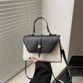 Minimalist black and white contrast leather handbag with elegant gold buckle - Black