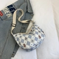 Blue and white checkered crescent bag with cute bear print and adjustable strap - Blue Gingham Bear (Style 8)
