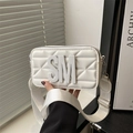 White quilted crossbody bag with 3D SM letters and wide fabric shoulder strap - White