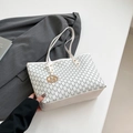 Elegant cream white tote bag with grey M monogram pattern and gold metal charm - White