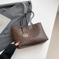 Brown monogram tote bag with gold M pendant and vintage leather shoulder straps - Brown