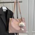 Pink corduroy tote bag with metal chain strap and white plush cloud charm accessory - No Pendant / Pink