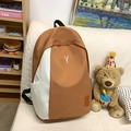 Zaino casual bicolore marrone e bianco con ricamo a Y ed etichetta in similpelle - Marrone
