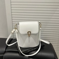 Minimalist white bucket bag with gold metal lock and faux leather strap for women - White