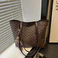 Large brown tote bag with M-pattern print and cute rabbit pendant for daily commuting - No Pendant / Brown