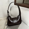 Dark brown crescent leather underarm bag with glossy finish and adjustable strap - Dark Brown