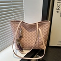 Chic beige tote bag with letter prints and a cute rabbit charm in a modern setting - No Pendant / Pink