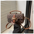 Detail of vintage brown checkered handbag with gold H buckle and leather strap - Brown