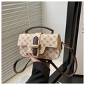 Detail of vintage cream handbag with brown clover pattern and gold metal clasp closure - White