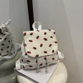 Mini zaino in velluto a coste color crema con stampa a fragole e lacci - Bianco