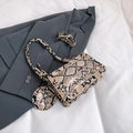 Borsa quadrata con stampa a serpente, pannello in PVC trasparente e mini pochette rotonda - Cachi