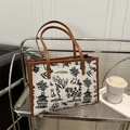Elegante borsa tote retrò con paesaggio cinese bianco e manici in pelle marrone - Marrone