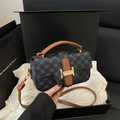 Vintage navy blue monogrammed small square bag with brown leather trim and golden H buckle - Black