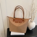 Large khaki nylon tote bag with brown leather handles and gold snap button closure - Brown