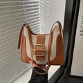 Vintage shoulder bag with brown leather and cream canvas contrast and gold buckle - Brown