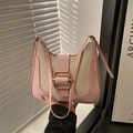 Pink leather and beige canvas hobo bag with gold buckle and slim shoulder strap - Pink