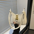 Weiße halbrunde PU-Leder Handtasche mit goldener Schnalle und geflochtenem Griff - Weiß