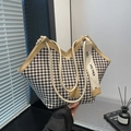 Classic houndstooth tote bag with beige leather trim and wide branded shoulder strap - Khaki