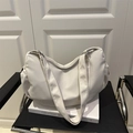 Minimalist creamy white large capacity crossbody nylon tote bag with wide strap - White