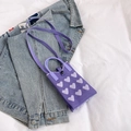Purple knitted mini phone bag with white heart jacquard patterns and crossbody strap - Purple