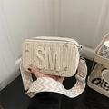 Beige woven crossbody square bag with SM initial and jacquard wide shoulder strap - White