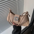 Borsa a spalla beige in ecopelle con fibbia quadrata impreziosita da strass luminosi - Cachi