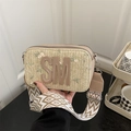 Floral embroidered straw camera bag with wide geometric strap and SM logo - Khaki