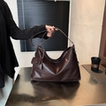 Deep brown leather tote bag with wide shoulder strap and matching mini coin purse detail - Brown