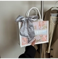 Detailed view of pink embroidered tote bag with flower pattern and decorative silk scarf - Flower Embroidery / White with Pink