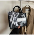 Detail of canvas tote bag with butterfly print and decorative Paris silk scarf handle - Butterfly Embroidery / Black With Silver