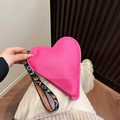 Rose red heart-shaped handbag with wide woven LOVE wristlet strap and pebbled leather texture - Rose Pink