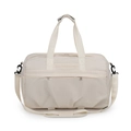 Close-up of beige waterproof travel bag featuring reinforced handles and adjustable strap - Off White