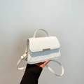 White quilted PU leather handbag with gold metal bar and adjustable shoulder strap - White