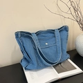 Minimalist deep blue denim tote bag with metal snap button and large interior capacity - Light Blue
