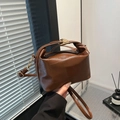Brown vintage cylindrical leather handbag with gold lock and detachable shoulder strap - Brown