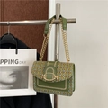 Bolso de hombro de tweed verde retro con hebilla de bocado dorada y cadena de metal - Verde