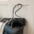 Minimalist black glossy leather shoulder bag with white lace bow and elegant strap - Without Scarf / Black