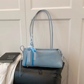 Light blue faux leather shoulder bag with decorative blue lace bow and sleek finish - Without Scarf / Blue