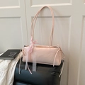 Pink Balletcore shoulder bag in soft leather with side drawstring and silk bow detail - Without Scarf / Pink