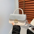 Chic beige leather shoulder bag with sparkling silver rhinestones and gold geometric buckle - Silver