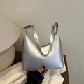 Silver metallic mirror finish Hobo shoulder bag with adjustable double handles and half-moon shape - Silver